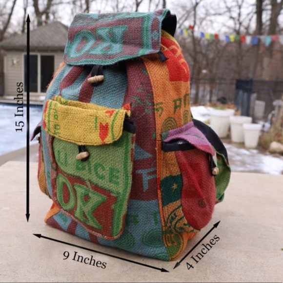 Eco Friendly Recycled Jute Rice Bag Bohemian Backpack Multi-Functional Storage - Picture 4 of 8